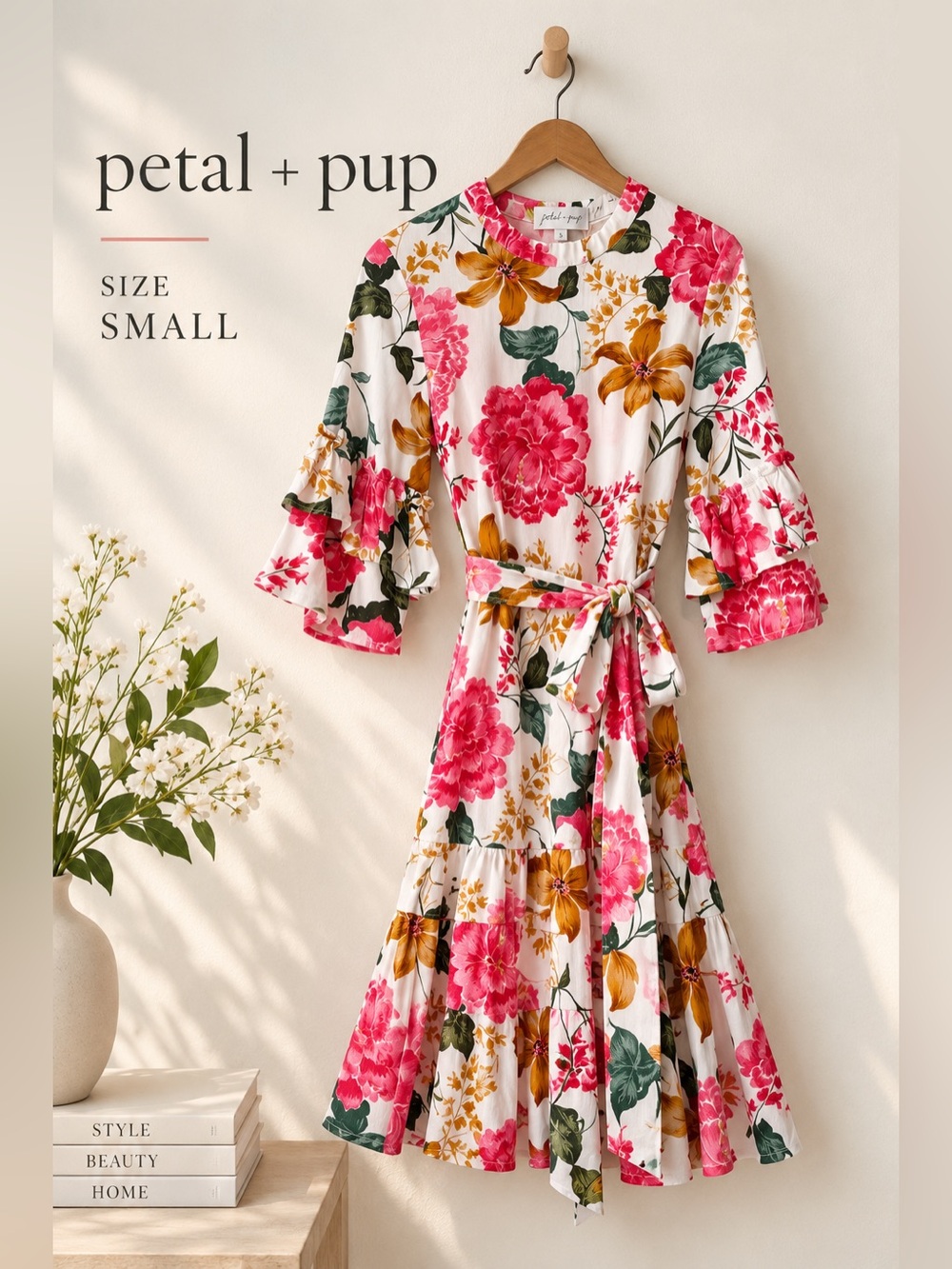 Petal + Pup Floral Ruffle Sleeve Belted Midi Dress Size Small